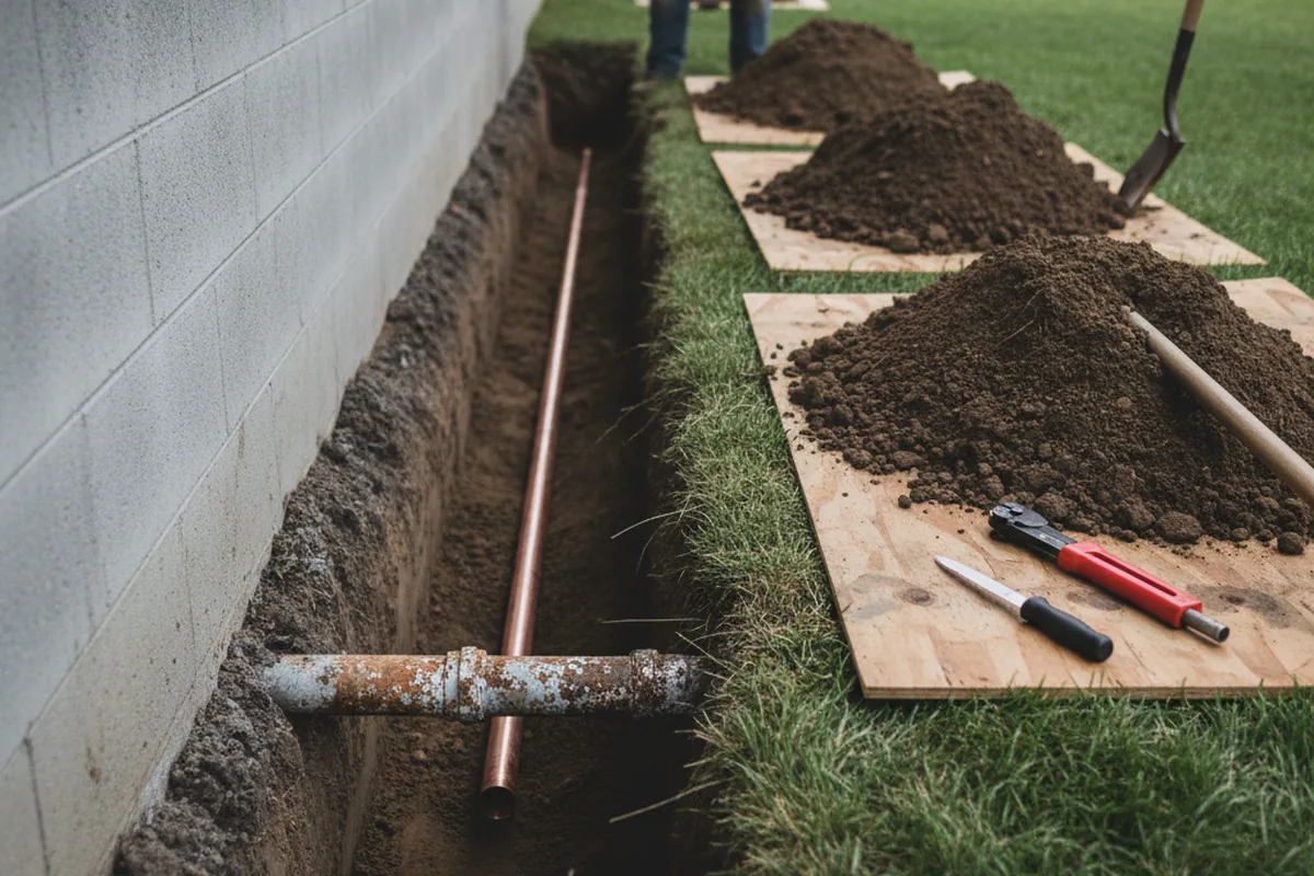 Excavated water line trench during Water Softener Installation in Morris